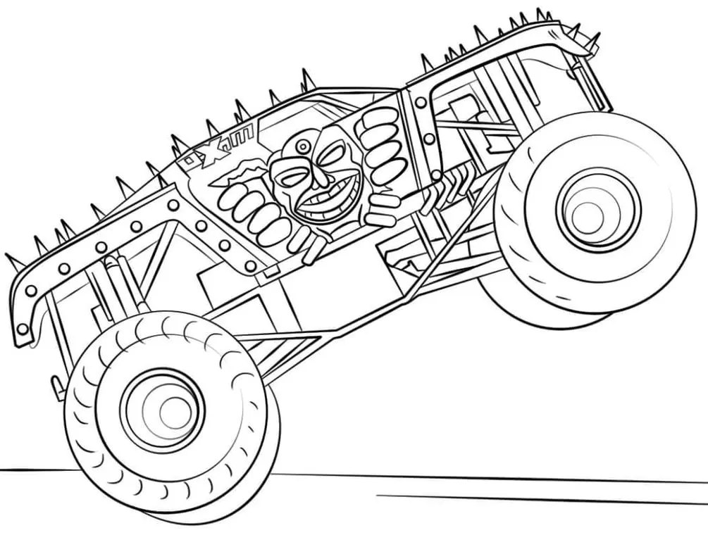 Carro Monstro Assustador para Colorir em PDF: Desenho com pneus grandes e carroceria com picos.