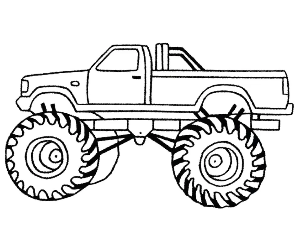 Caminhonete Monster Truck para colorir em PDF. Desenho de veículo com cabine, barra de proteção e pneus grandes.