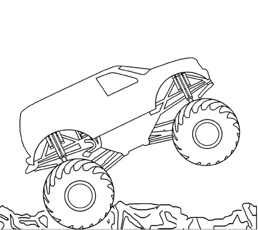 Carro Monster empinando em desenho para colorir. Veículo com pneus grandes e design moderno sobe monte de terra.