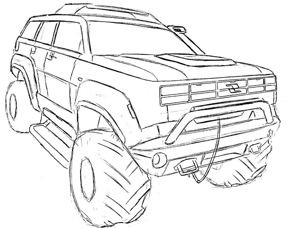 Carro Monster para colorir em PDF: veículo robusto com pneus grandes e visual off-road