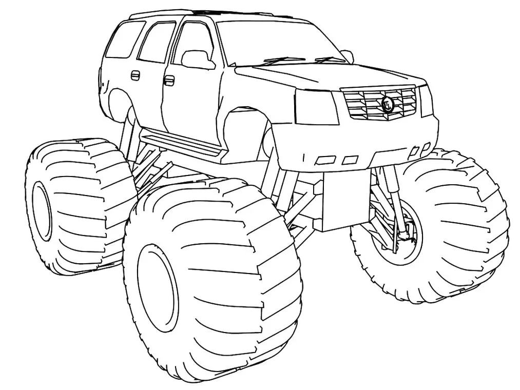 Carro Monster gigante para colorir em PDF: Desenho de utilitário esportivo com pneus grandes.