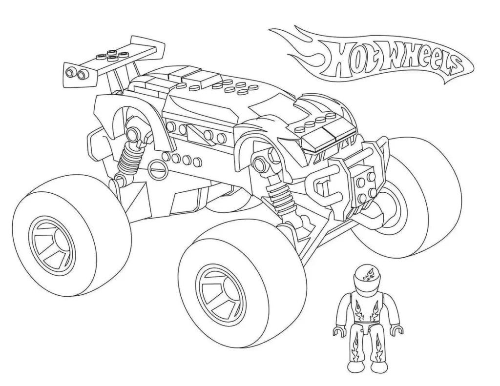 Carro Monster Hot Wheels estilo Lego para colorir em PDF. Desenho com rodas grandes, suspensão aparente e piloto com chamas.