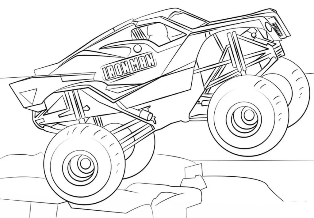 Carro Monster 'IRONMAN' para colorir em cenário montanhoso.