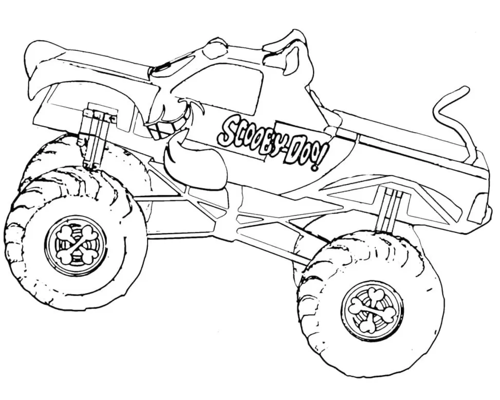 Carro Monster Scooby-Doo para colorir em PDF: Desenho divertido com rodas grandes, ossos e a inscrição 'Scooby-Doo!'