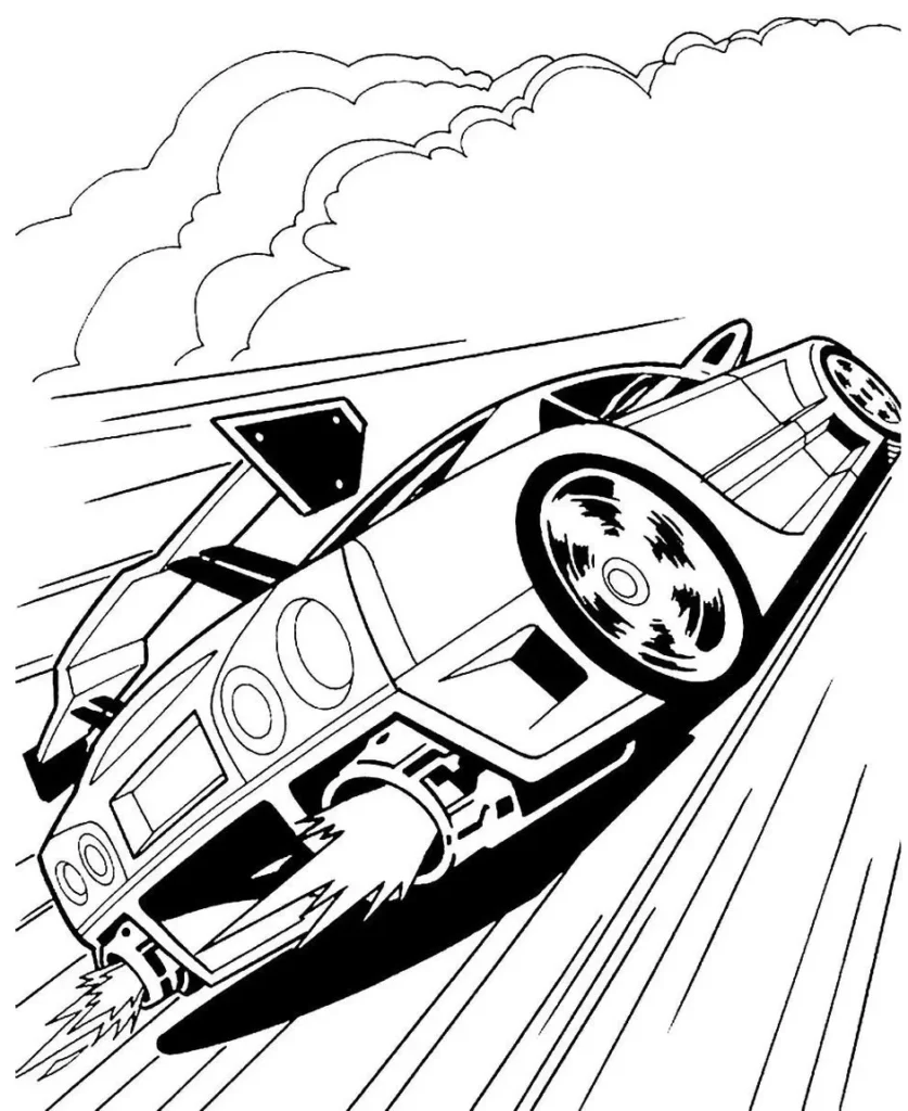 Carro de corrida em alta velocidade para colorir em PDF. Motor a jato impulsiona o veículo sob um céu com nuvens.