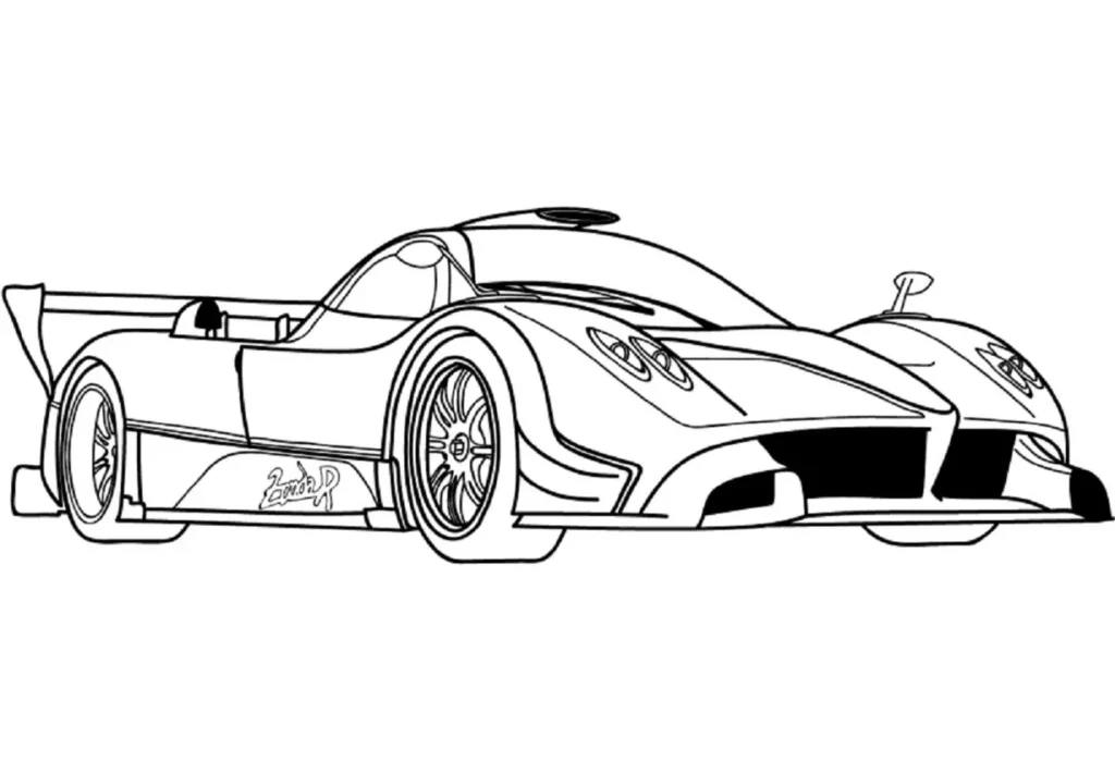 Carro de corrida Pagani Zonda R para colorir em PDF: vista lateral com aerofólio e design aerodinâmico.