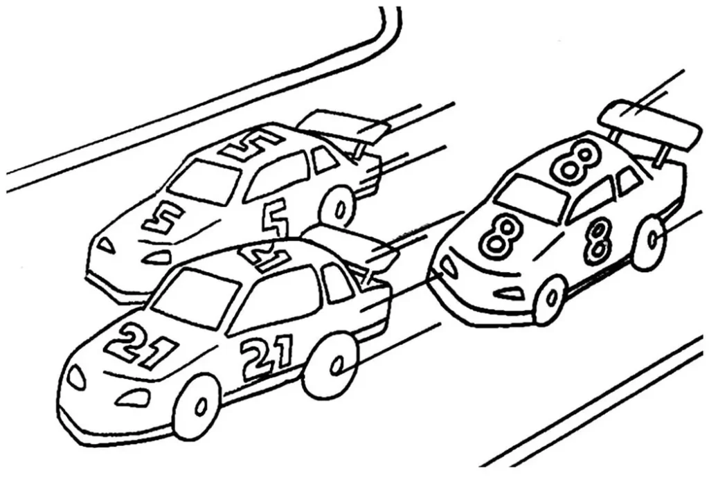 Carros de corrida em alta velocidade disputam a liderança na pista. Desenho para colorir com os números 8, 21 e 5.