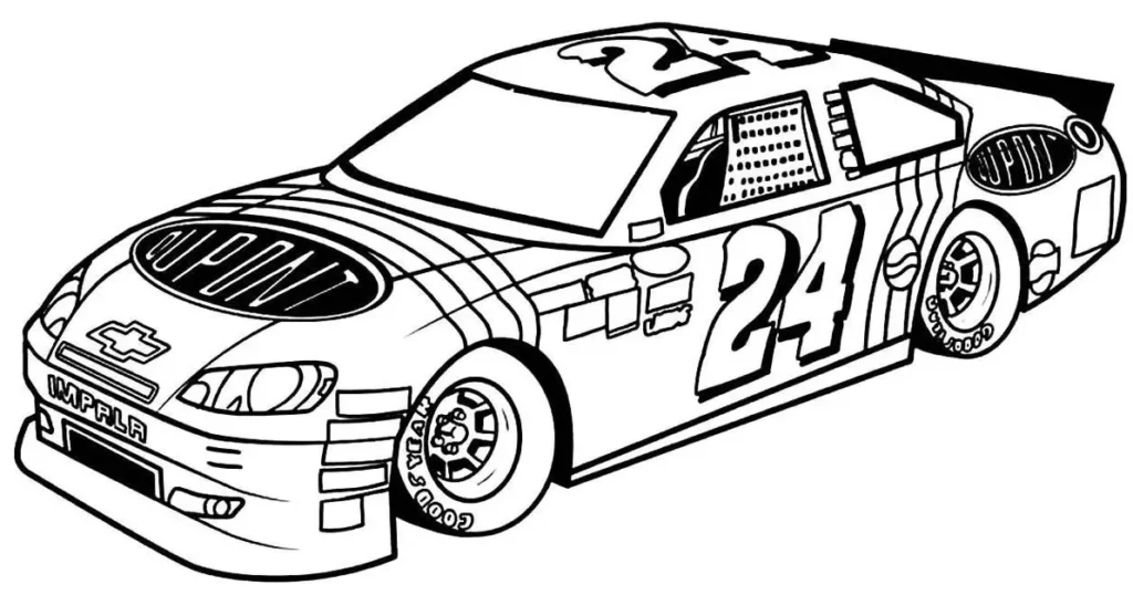 Carro de corrida Chevrolet Impala #24 para colorir, com design estiloso e marcas DuPont e Goodyear.