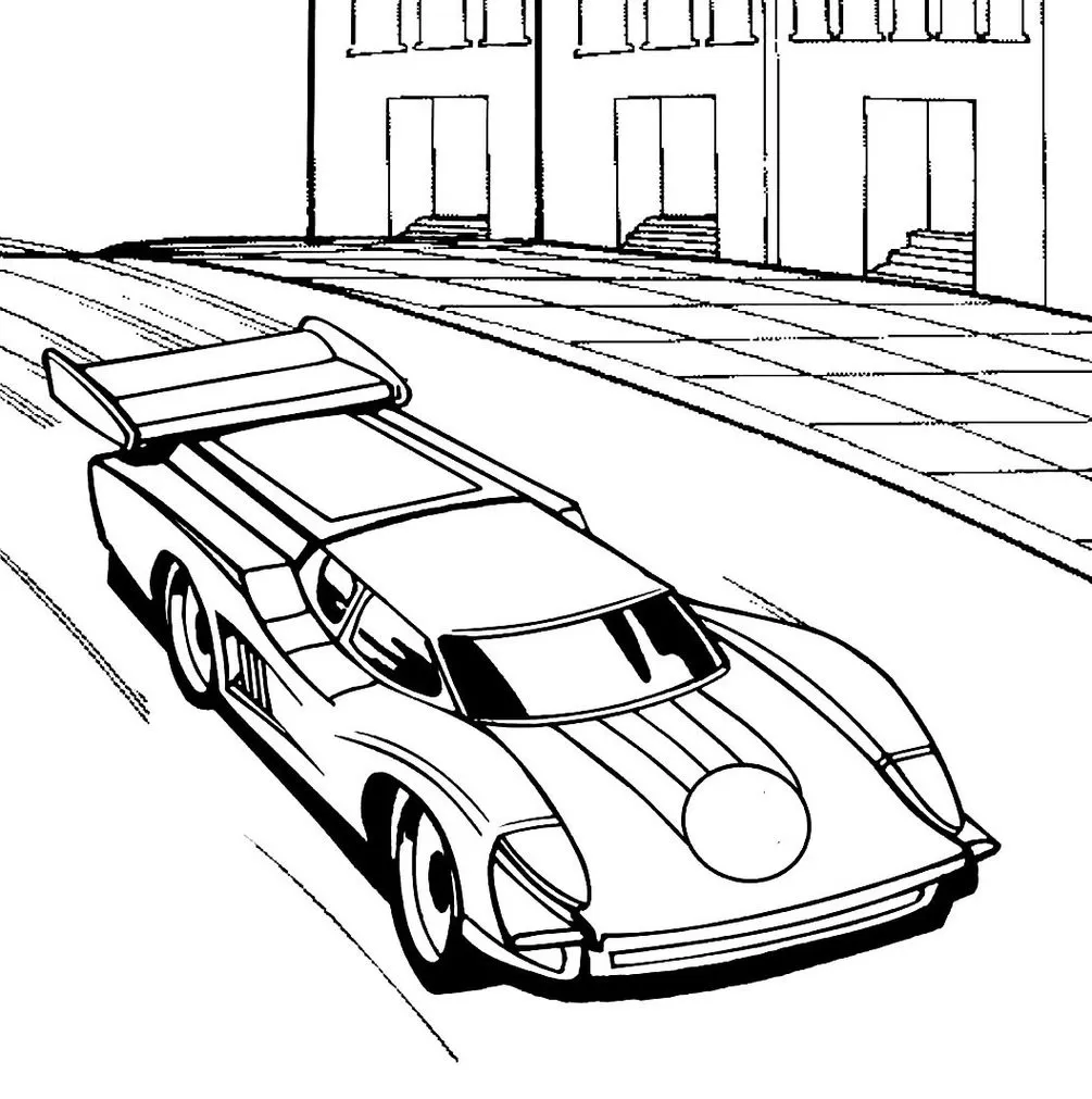 Carro de corrida estilizado para colorir em cenário urbano