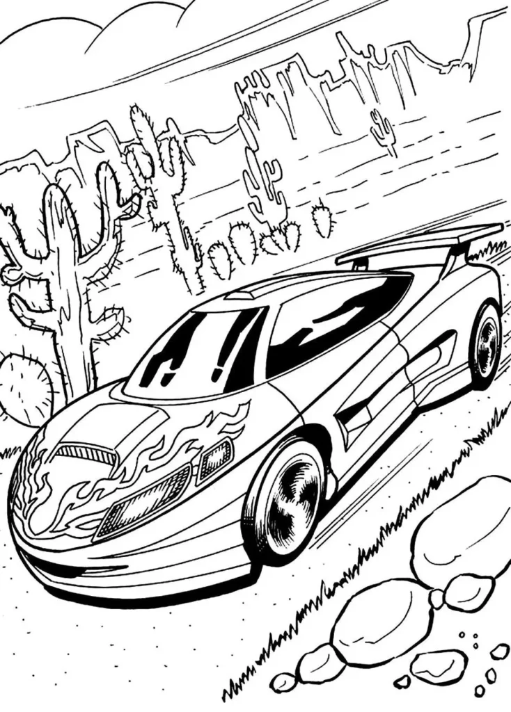 Carro de corrida no deserto: desenho para colorir em PDF. Carro esportivo veloz com chamas e cactos.