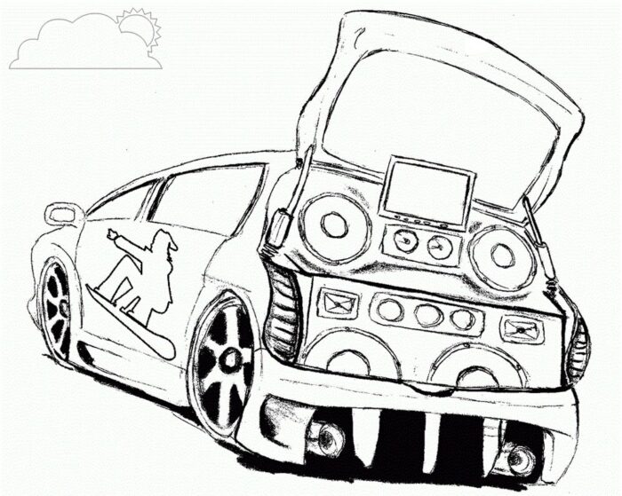 Carro de corrida com som automotivo para colorir
