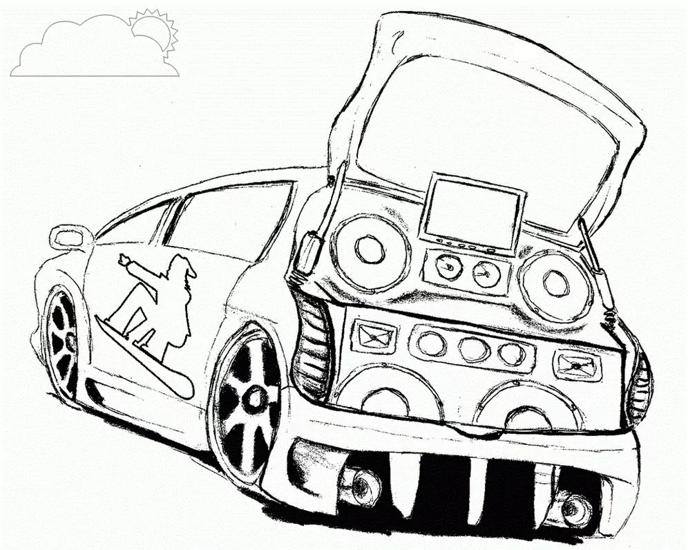 Carro de corrida com som automotivo para colorir