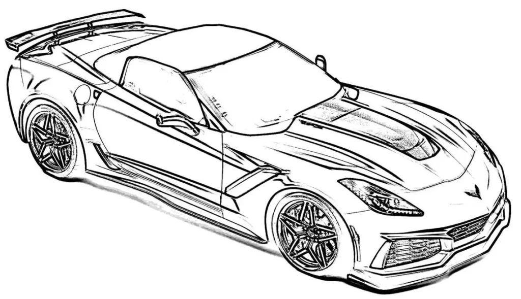Desenho de carro de corrida veloz para colorir em PDF: esportivo estilo Corvette