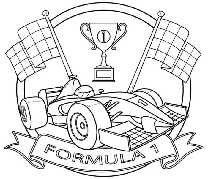 Desenho de carro de Fórmula 1 campeão para colorir em PDF. Carro de corrida com troféu e bandeiras de chegada.