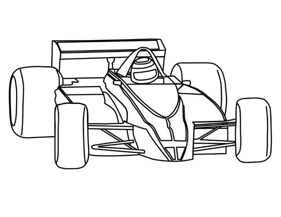 Carro de Fórmula 1 para colorir: Desenho de carro de corrida pronto para atividade artística.