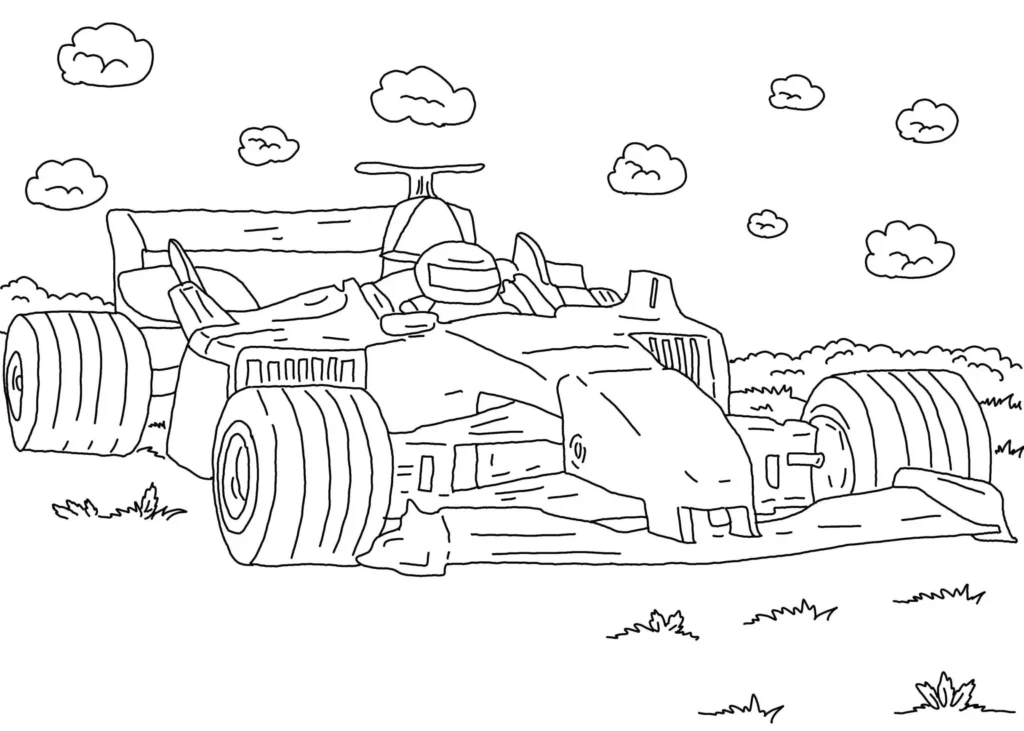 Carro de Fórmula 1 em corrida campestre para colorir em PDF