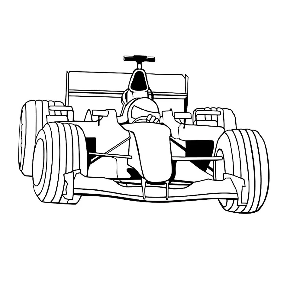 Carro de Fórmula 1 para colorir em PDF. Desenho veloz com pneus, carenagem, piloto no cockpit e asa traseira.
