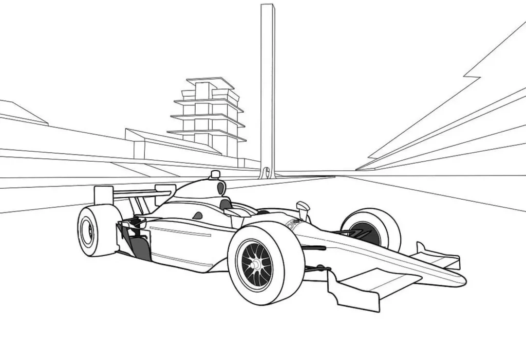 Carro de Fórmula 1 na pista para colorir. Desenho em PDF com torre de controle e arquibancadas ao fundo.