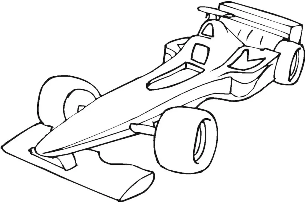 Carro de Fórmula 1 veloz para colorir em PDF: Desenho aerodinâmico com traços definidos.