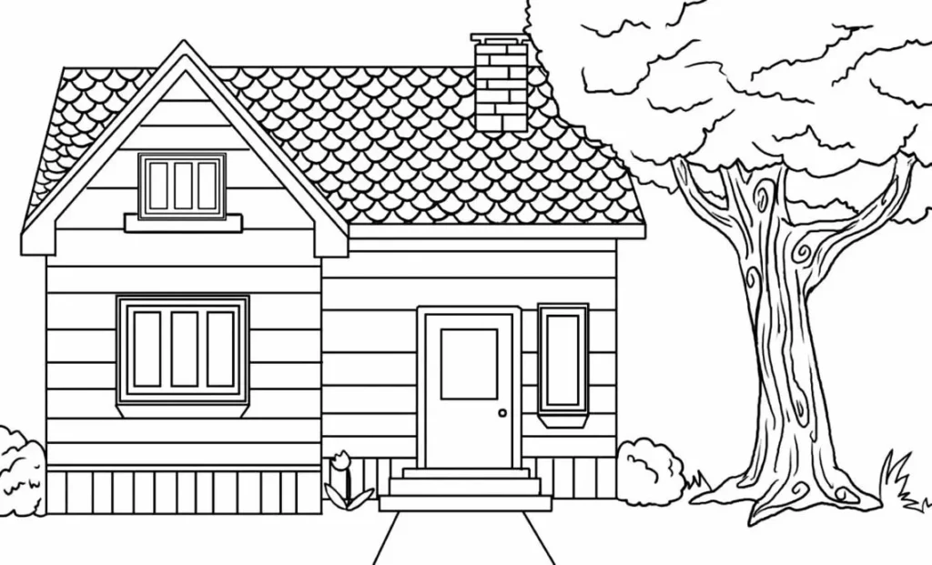 Casa de um andar com árvore para colorir. Desenho simples com chaminé, janelas e porta.