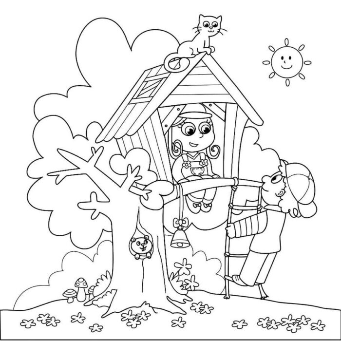 Desenho de casinha na árvore para colorir com crianças e animais em cena campestre.