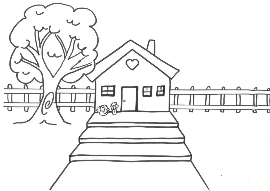 Casa com cerca para colorir: porta central, janelas laterais, chaminé e árvore ao lado.