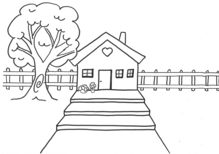 Casa com cerca para colorir: porta central, janelas laterais, chaminé e árvore ao lado.