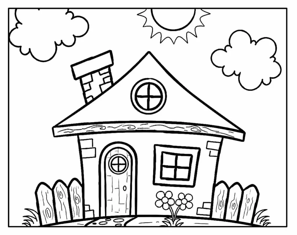 Casa com cercadinho para colorir. Telhado triangular, chaminé, janela redonda e flores.
