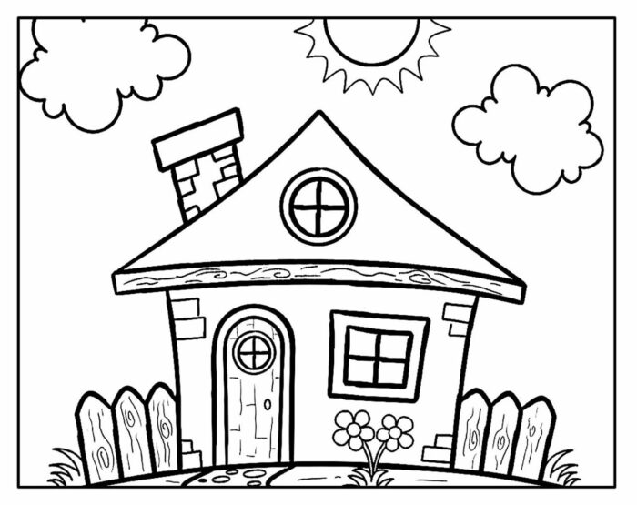 Casa com cercadinho para colorir. Telhado triangular, chaminé, janela redonda e flores.