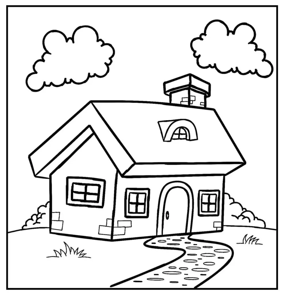 Casa com chaminé para colorir: desenho artístico simples com janelas, porta e caminho.