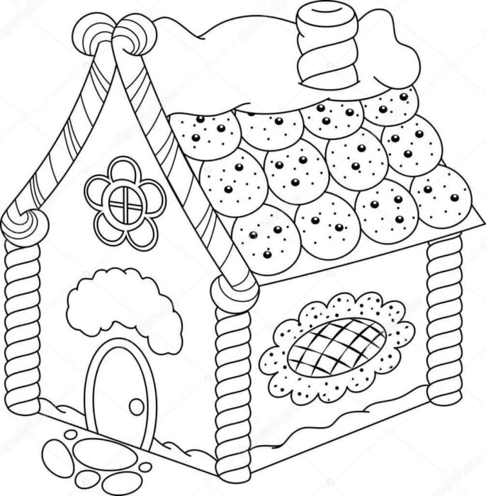 Casinha de doces para colorir: telhado de biscoito, colunas de bastão de doce e chão repleto de guloseimas.