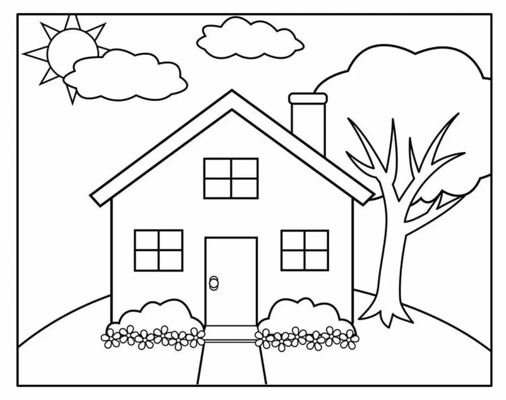 Casa com jardim florido para colorir. Desenho de casa de dois andares com porta central, janelas, chaminé, árvore, sol e nuvens.