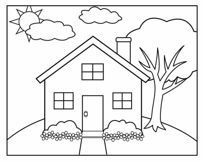 Casa com jardim florido para colorir. Desenho de casa de dois andares com porta central, janelas, chaminé, árvore, sol e nuvens.