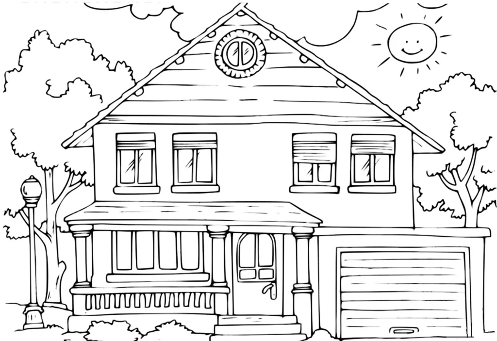 Casa de dois andares para colorir com varanda, garagem e árvores ao redor.