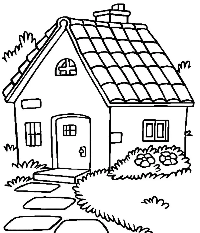 Casa no campo para colorir: porta central, chaminé e caminho de pedras.
