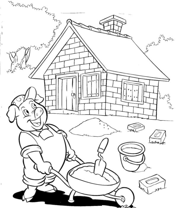 Porquinho construtor de casas de tijolos para colorir