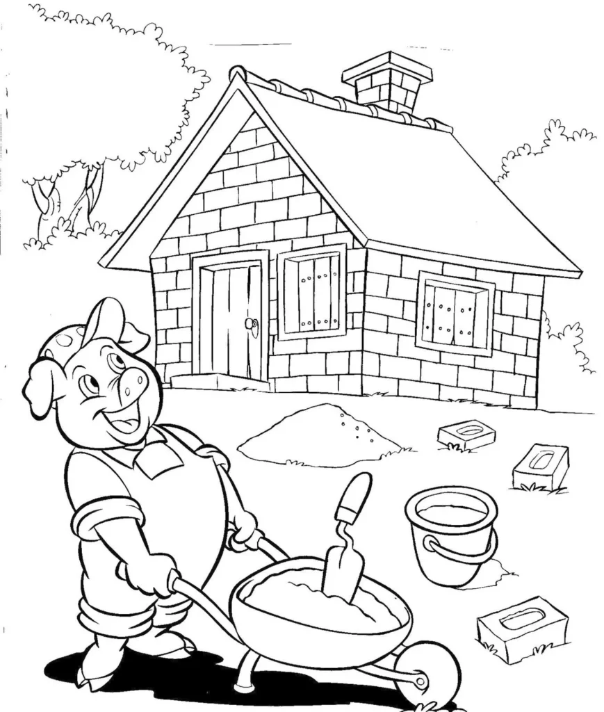 Porquinho construtor de casas de tijolos para colorir