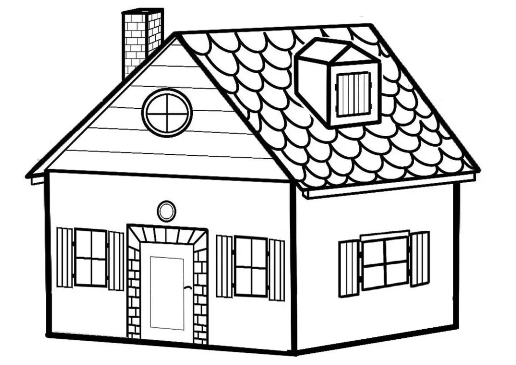 Casa com múltiplas janelas e telhado detalhado para colorir.