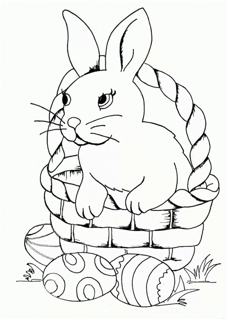 Coelho da Páscoa em cesta com ovos decorados para colorir em PDF.