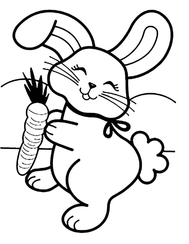 Coelho sorrindo segurando cenoura: Desenho para colorir em PDF