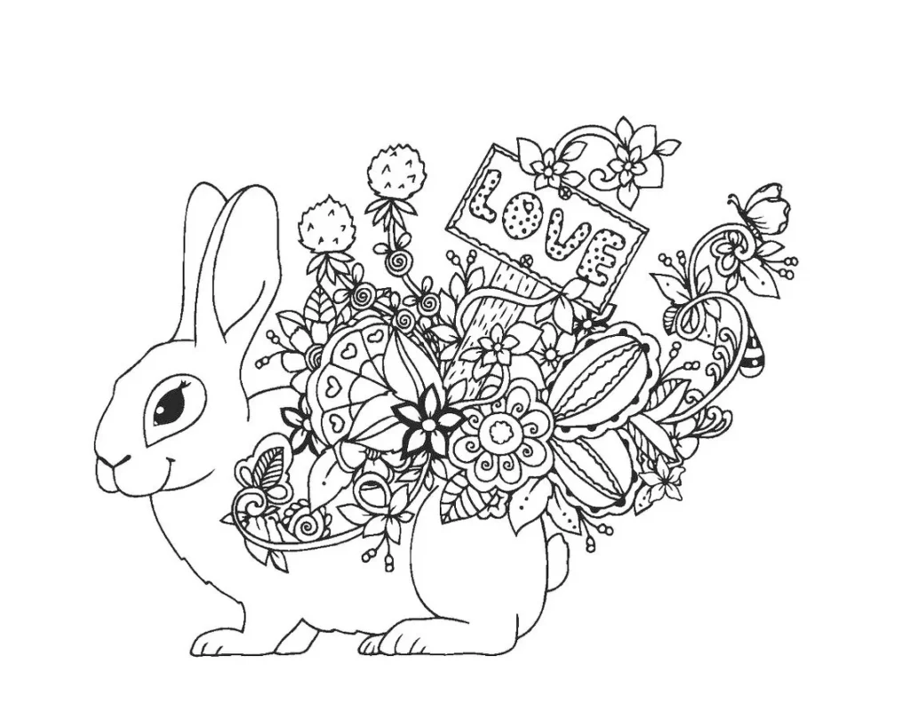 Coelho com flores e 'Love' para colorir em PDF