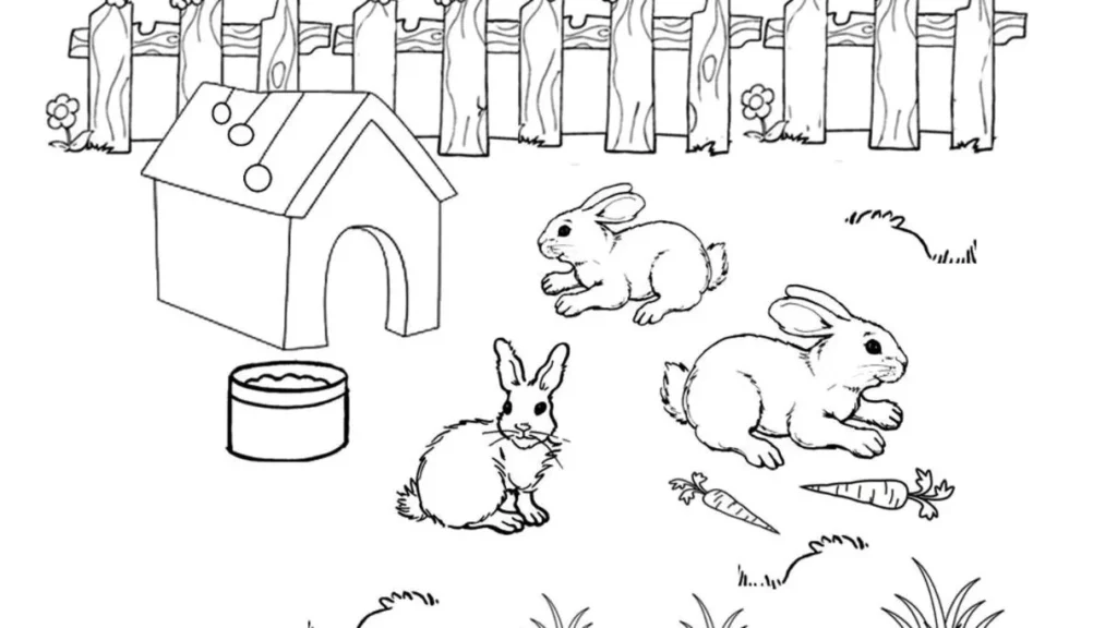 Coelhos no jardim para colorir em PDF: atividade lúdica com cerca, casa de coelho, cenouras e vegetação campestre.