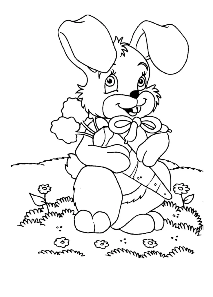 Coelho adorável com cenoura para colorir em PDF. Coelho em cenário campestre com flores.