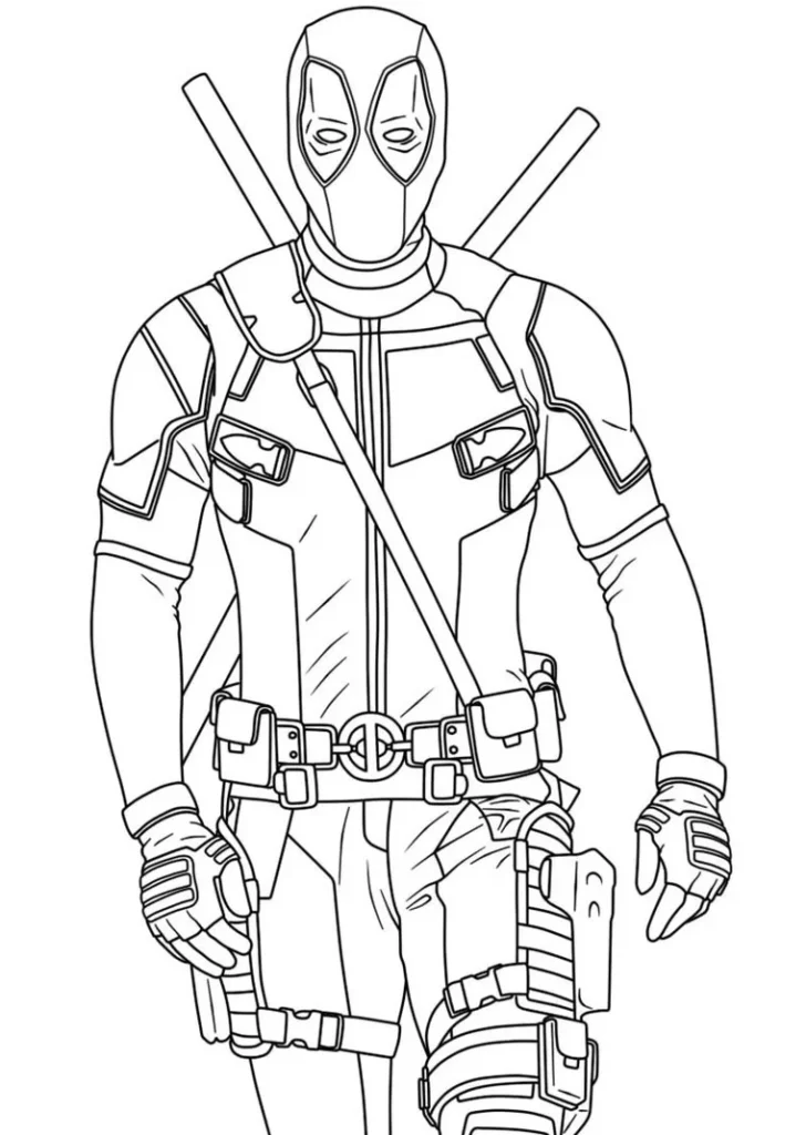 Desenhos de Deadpool em PDF para colorir Lutador Deadpool Lutador para Colorir em PDF: Mercenário com espadas
