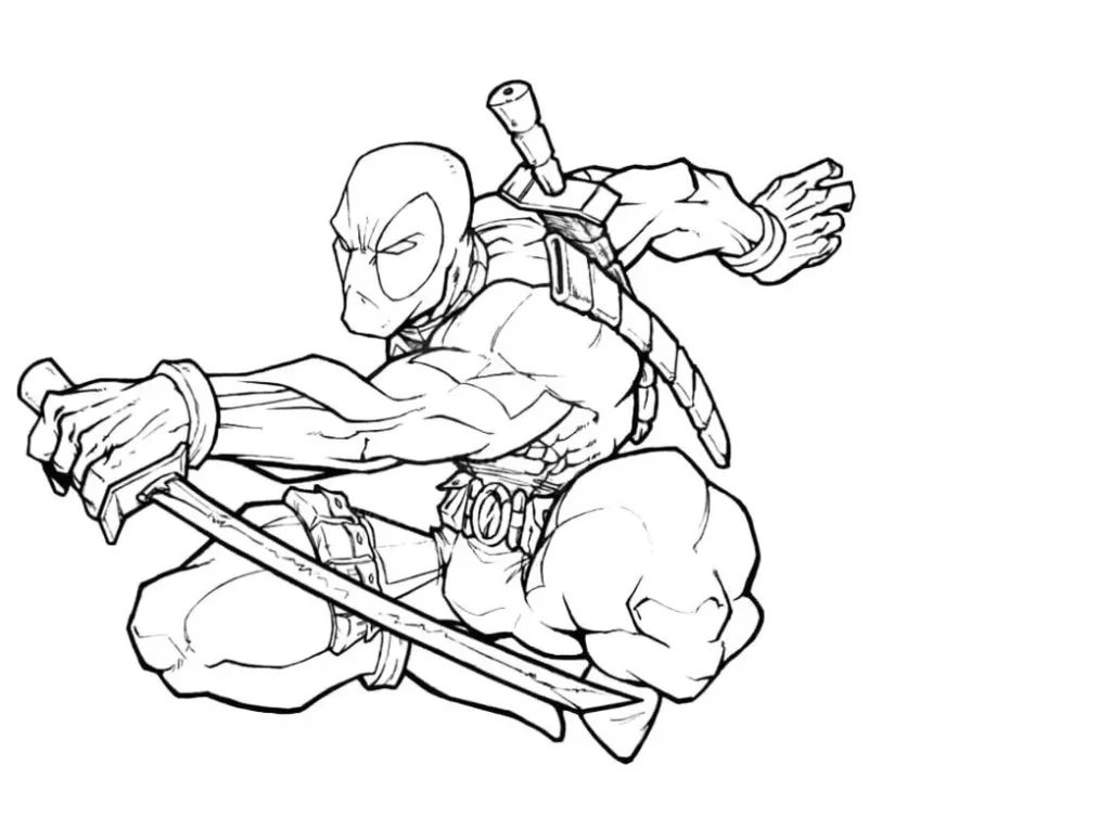 Desenhos de Deadpool em PDF para colorir Marvel Deadpool da Marvel pronto para colorir: Desenho em ação com espadas.