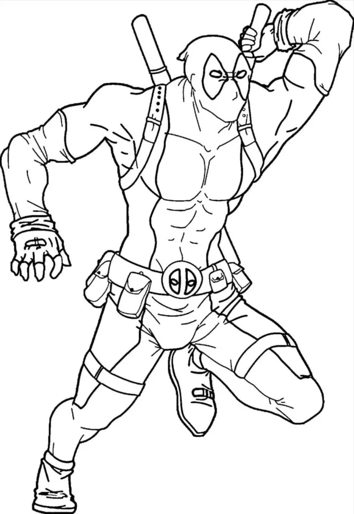 Desenhos de Deadpool em PDF para colorir Pegando Espada Deadpool com espada para colorir em PDF: Ação e aventura para fãs.