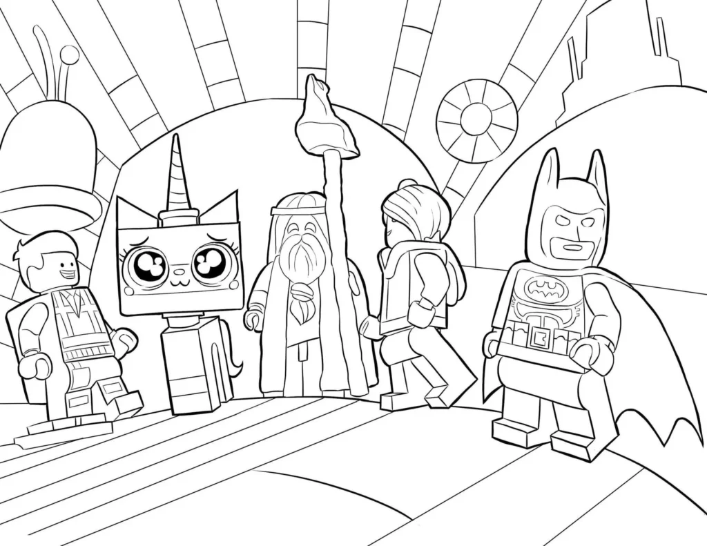 Figuras Lego Super Heróis Batman em cena lúdica com formas geométricas.
