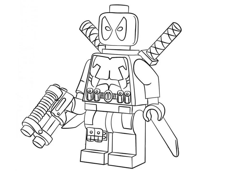 Boneco Lego Deadpool com espadas e armas. Figura do anti-herói da Marvel em versão Lego para fãs.