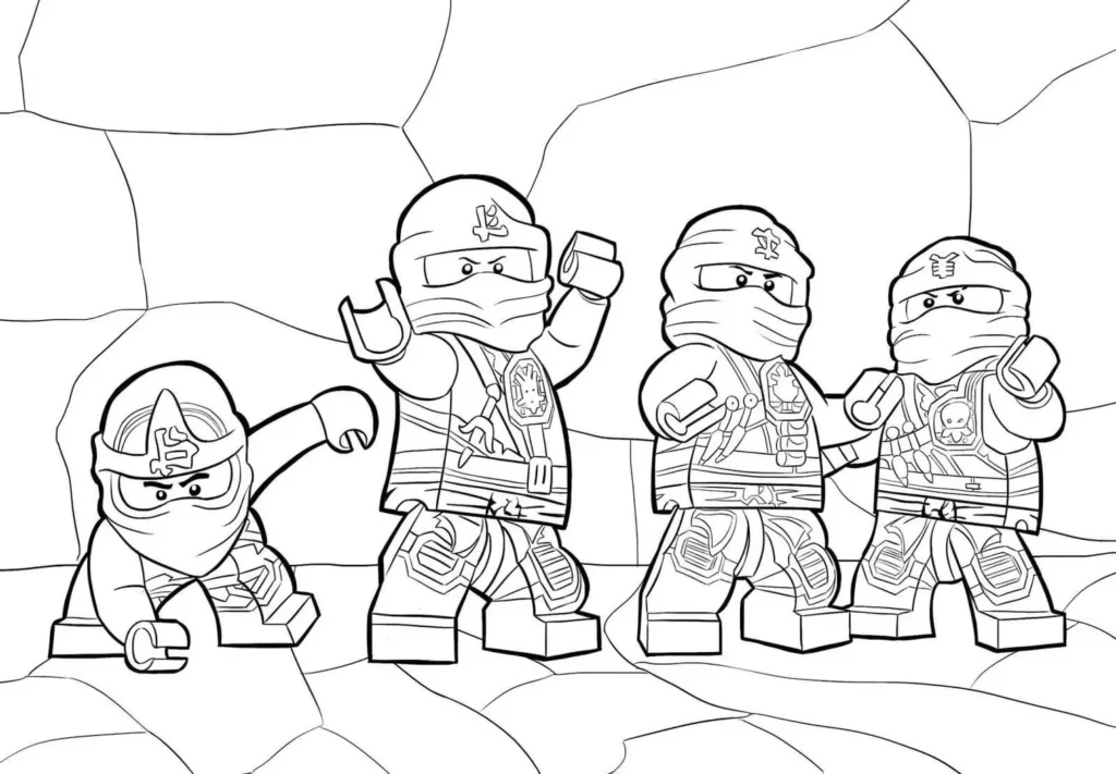 Bonecos Lego Ninjas em ação: Figuras com máscaras e trajes elaborados em cenário de aventura.
