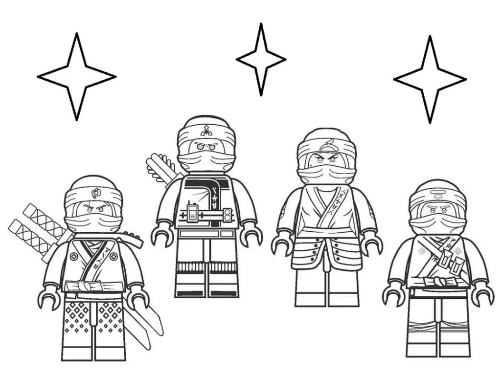 Lego Ninjas Super Heróis: figuras em desenho com símbolos de estrela.